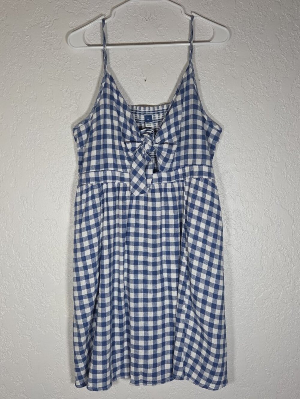 Old Navy Women Dress Blue White Gingham Cinch Size XL Tie Front Pockets